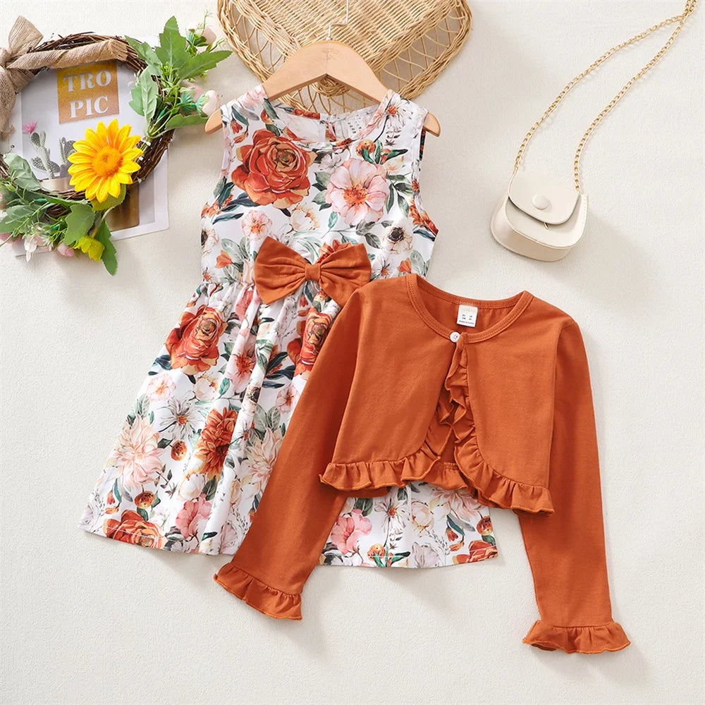 Kids Girls 2pcs Floral Princess Dress + Solid Color Jacket Set