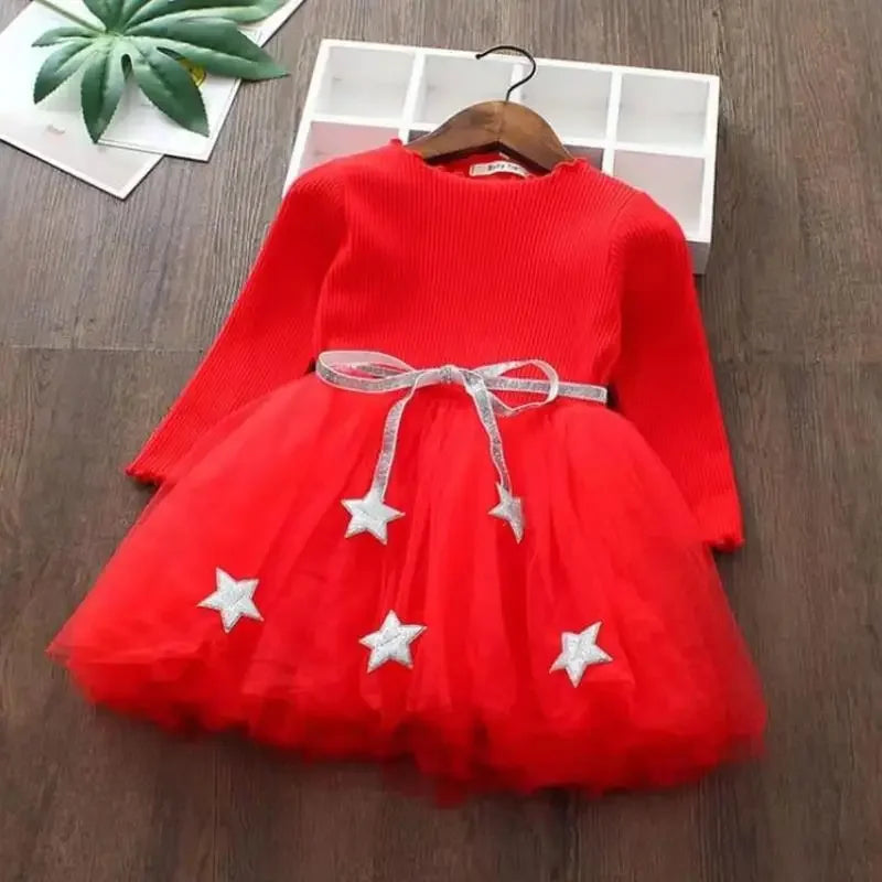 Toddler Girls Fluffy Sweater Dresses With Star Design