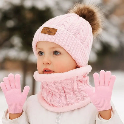 Toddler 3Pcs Cute Pompom Knitted Hats Scarf Gloves Set