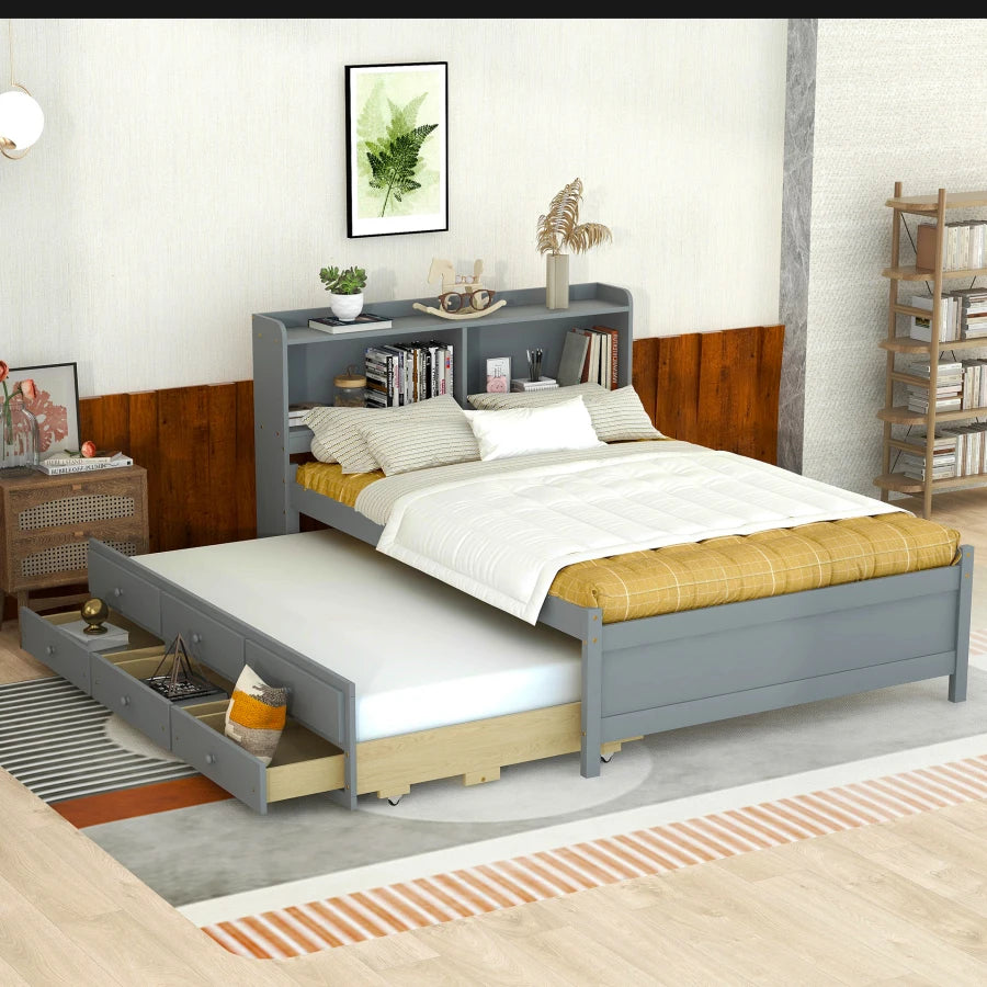 Full-size LED Bed with USB, Trundle and 3 Storage Drawers childrensterritory