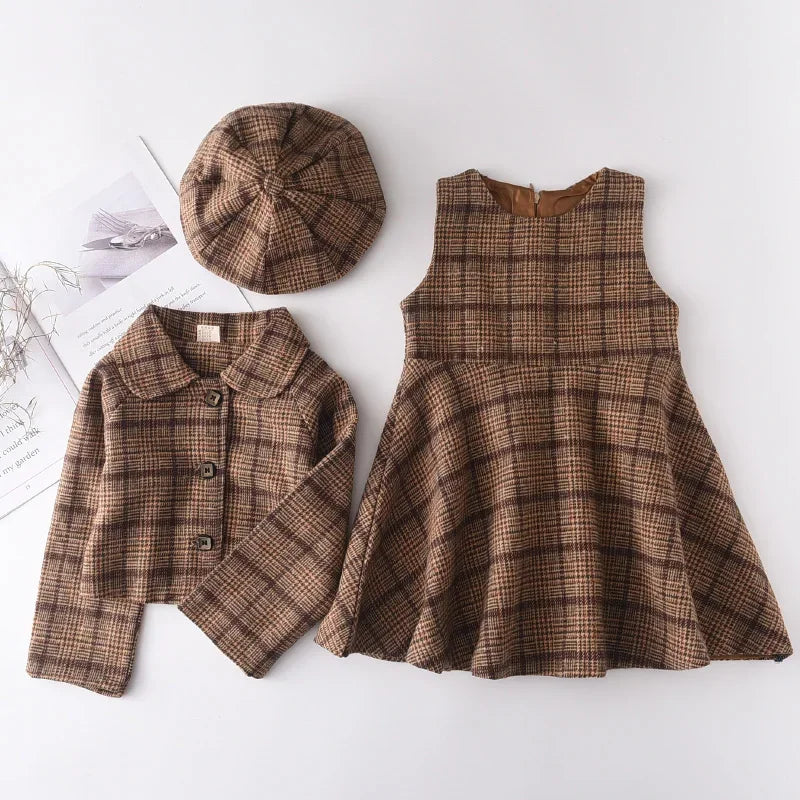 Kids Girls Retro Style Plaid Winter Party Dresses 2pcs Set