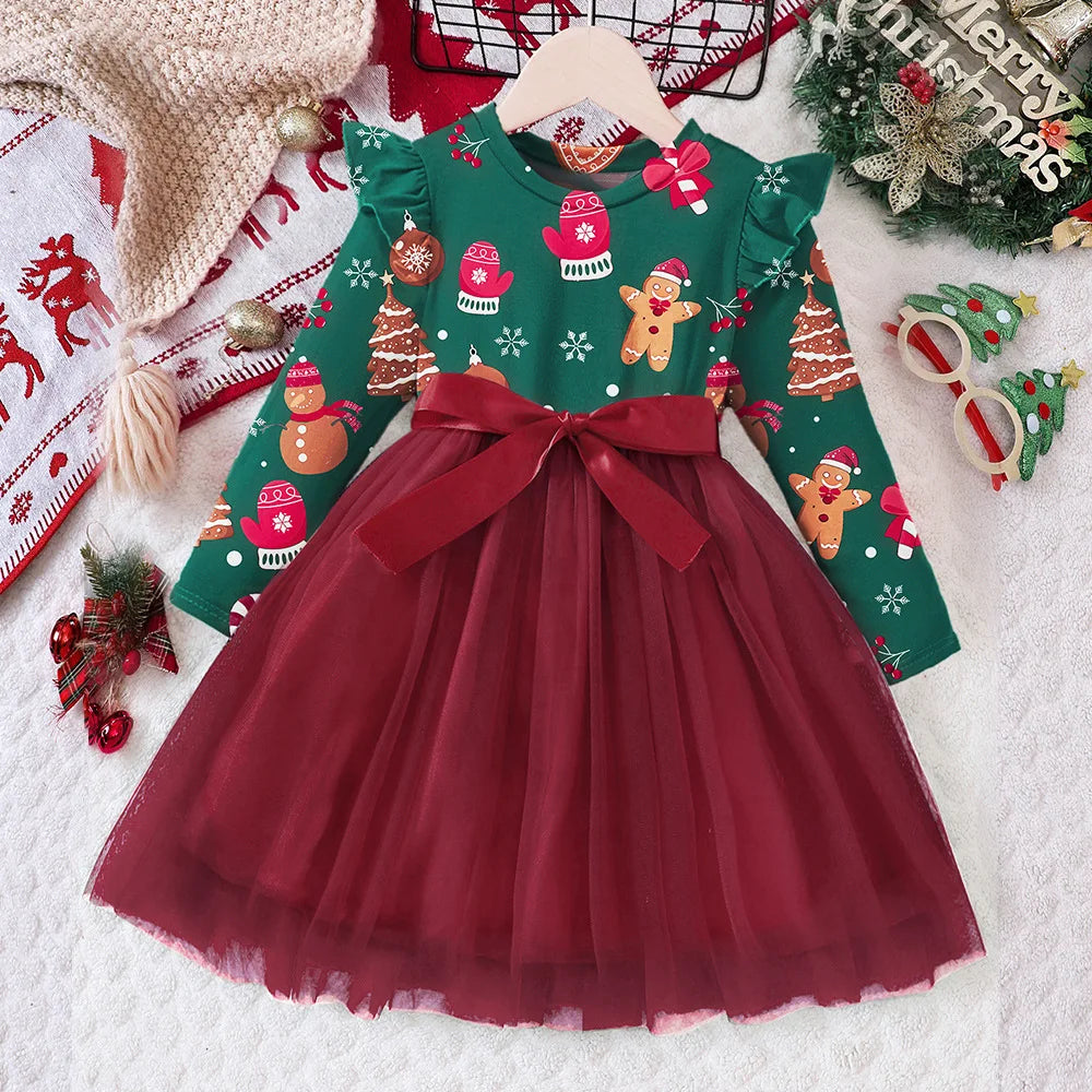 Girls' Round Neck Long Sleeves Bow Lace Design Party Dresses childrensterritory