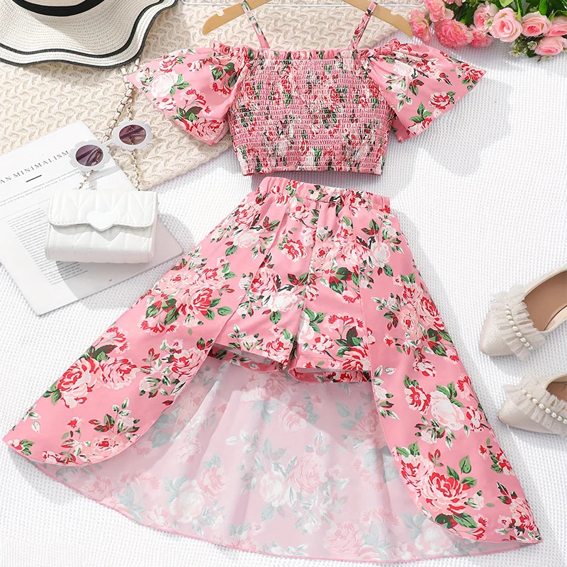 Little Girl Cute Floral Print Top with Skirt Pants Party Set childrensterritory