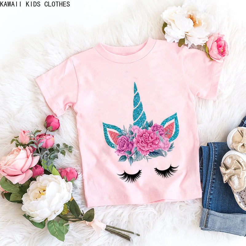 Unicorn Floral Cartoon Printed Girls Summer Tees childrensterritory