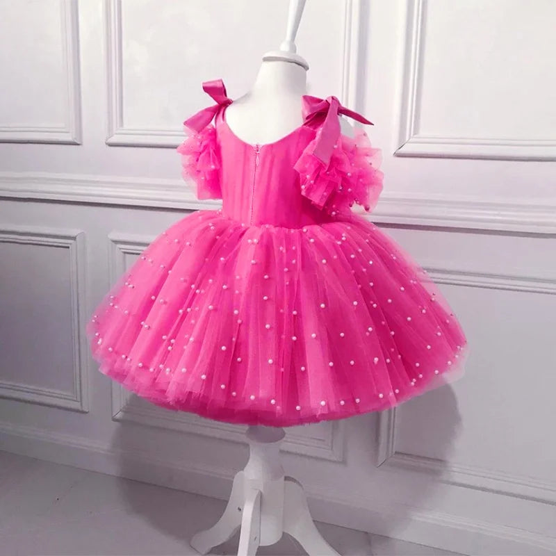 Pearl Mesh Design Tutu Christening Dress for Little Girls