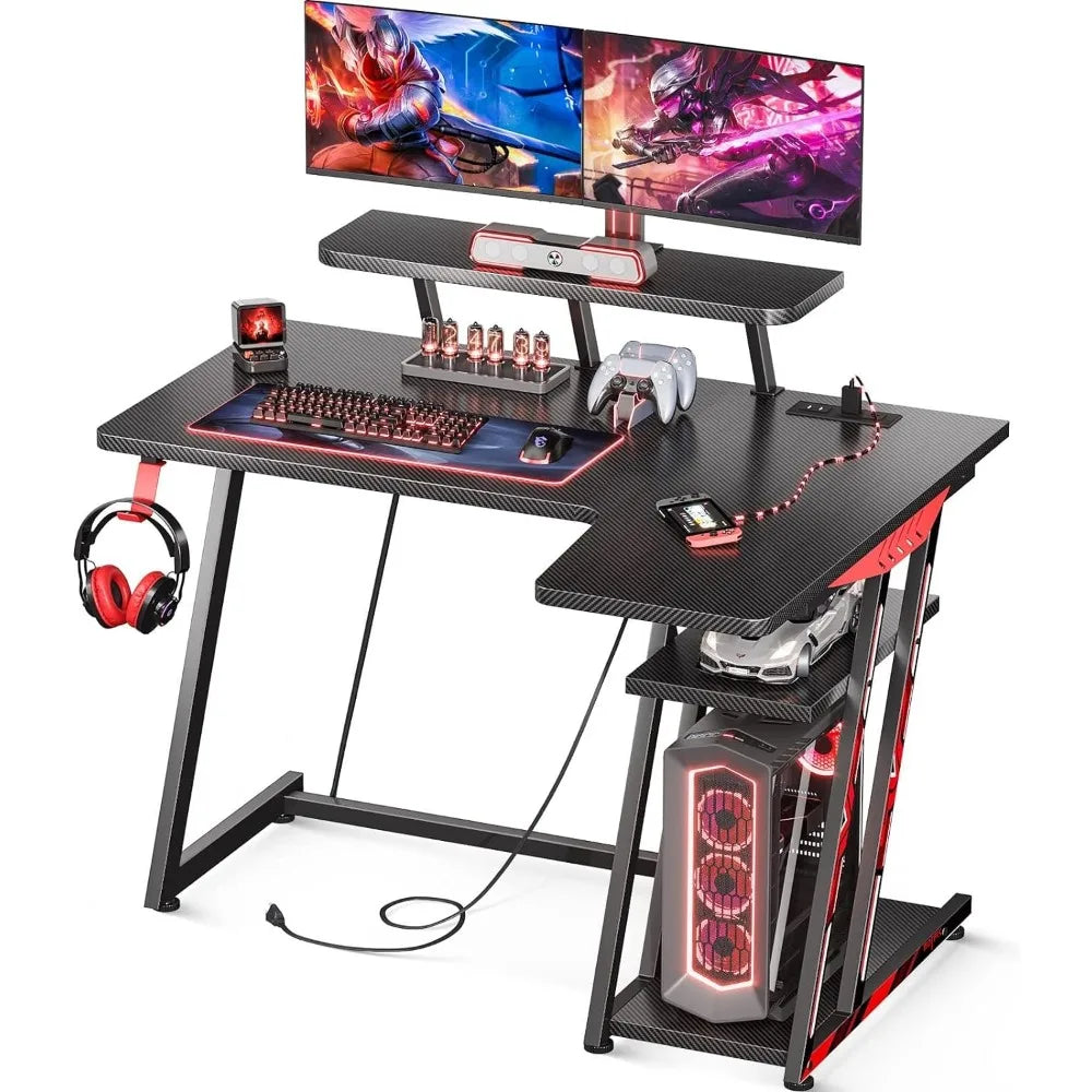L-shaped Gaming Table with LED Lights and Storage Shelf childrensterritory