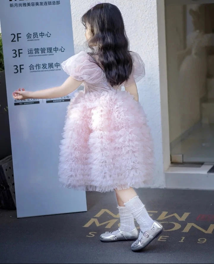 Little Girls Pink Tulle Tiered Gown for Birthday, Wedding, Baptism