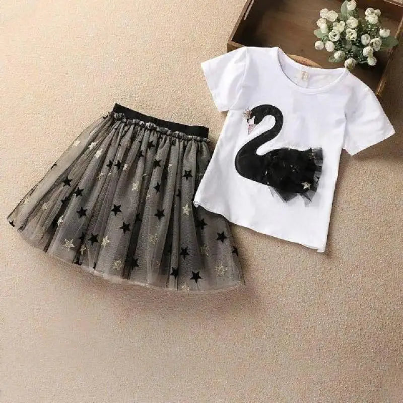 Kids Girls Swan T-Shirt + Sequin Skirts 2Pcs Outfit Set