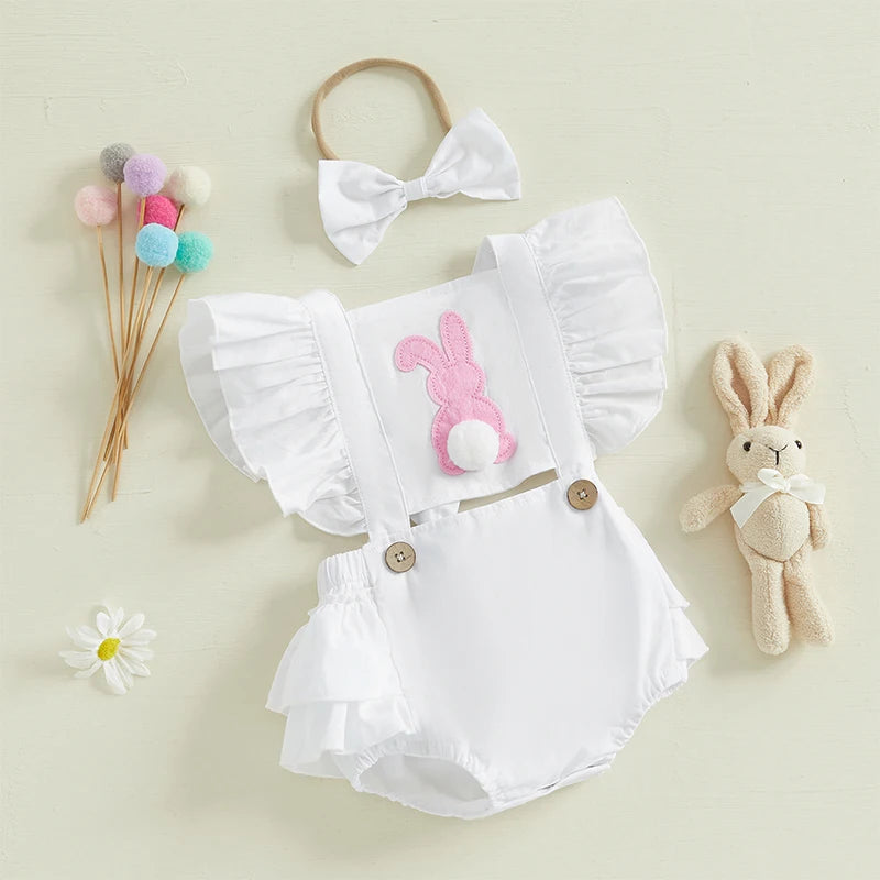 Bunny Embroidered Easter Outfit Set for Baby Girls, 2 Pieces