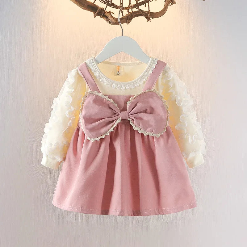 Baby Girls' Long-Sleeved Bow-Design Elegant Dresses