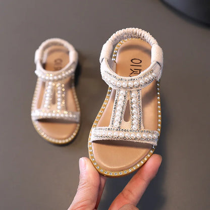 Elegant Pearl Rhinestone Party Princess Sandals for Little Girls