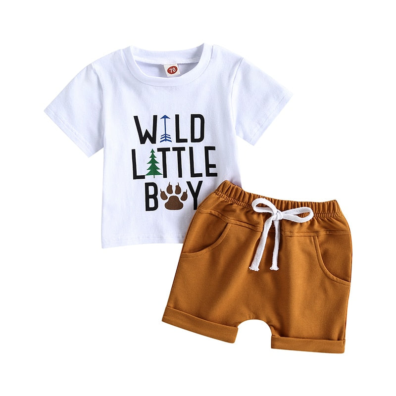 Toddler Boys Letter Print T-shirt Solid Drawstring Shorts Sets childrensterritory