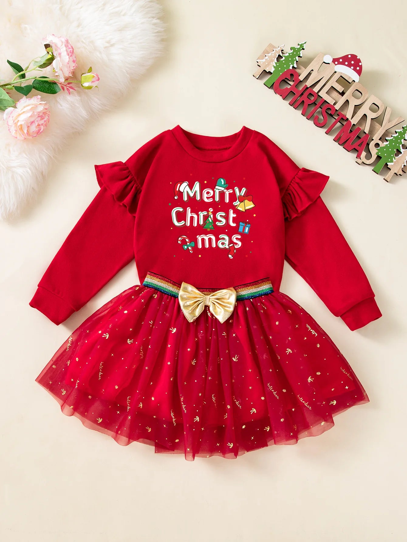 Girls' Long-Sleeved Elegant Christmas Outfit