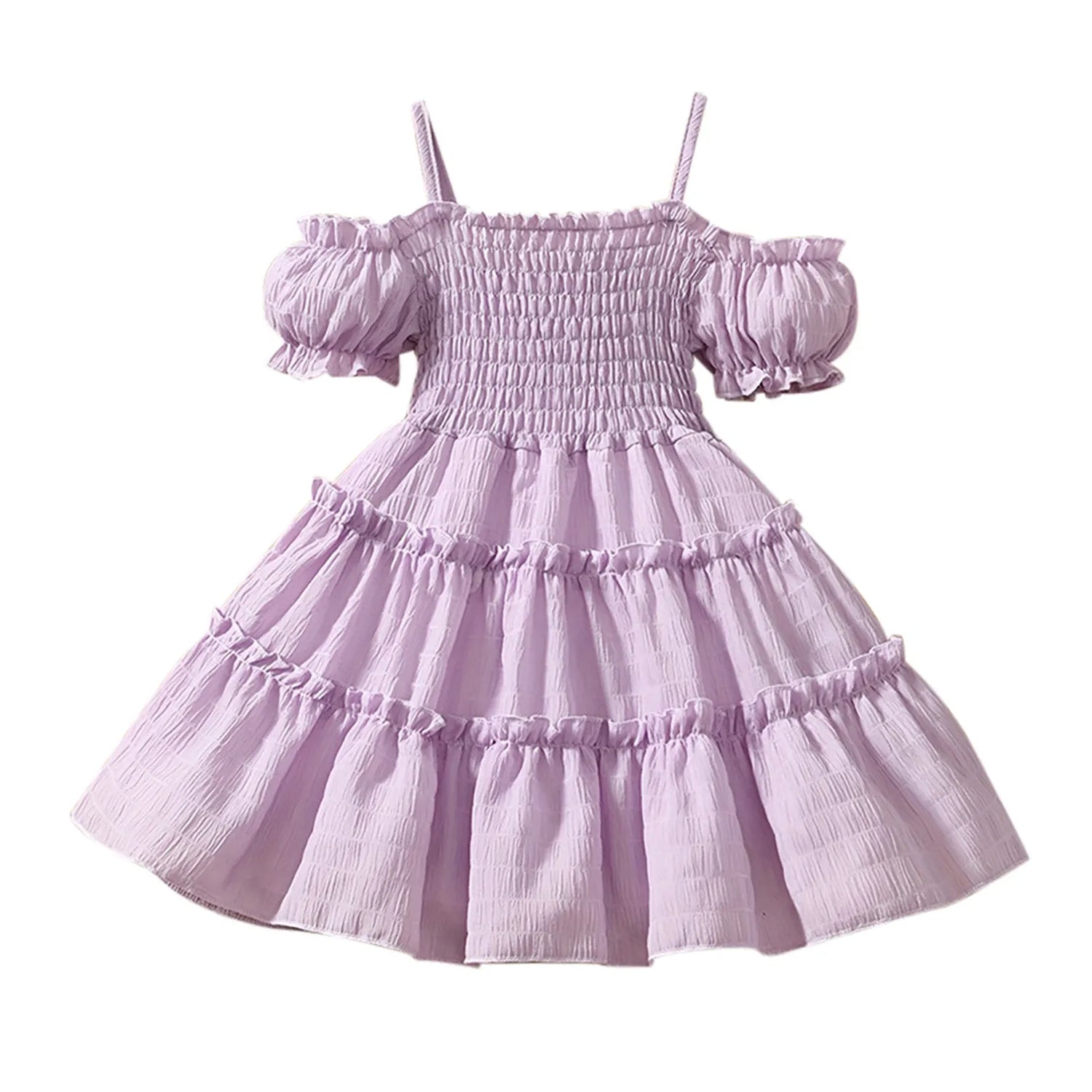 Cold Shoulder Shirred Frill Beach Party Dress for Young Girls