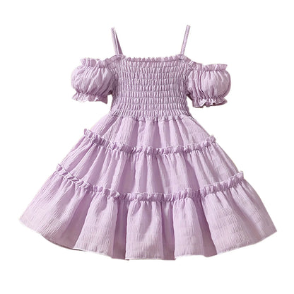 Cold Shoulder Shirred Frill Beach Party Dress for Young Girls