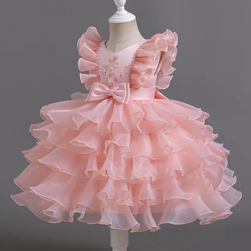 Kids Girls' Tiered Tulle Short Formal Dress with Aircraft Sleeves
