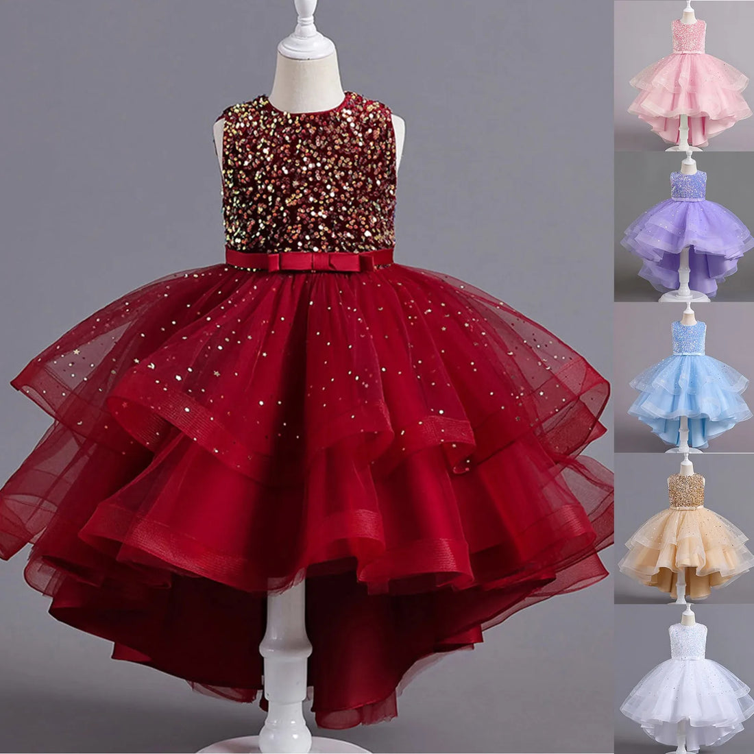 Sleeveless Sequins Design Kids Girls Party Trailing Dresses