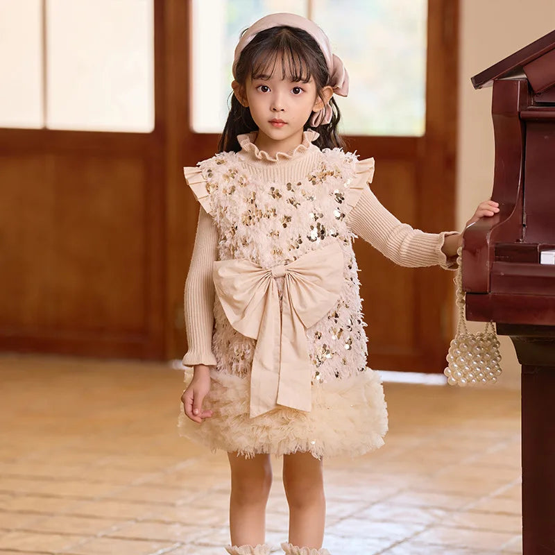 Kids Girls Bow Sequins Sleeveless TUTU Dresses