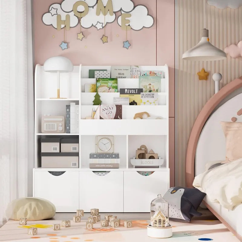 Kids Multipurpose Bookcase with 3 Movable Drawers and 5 Cubbies