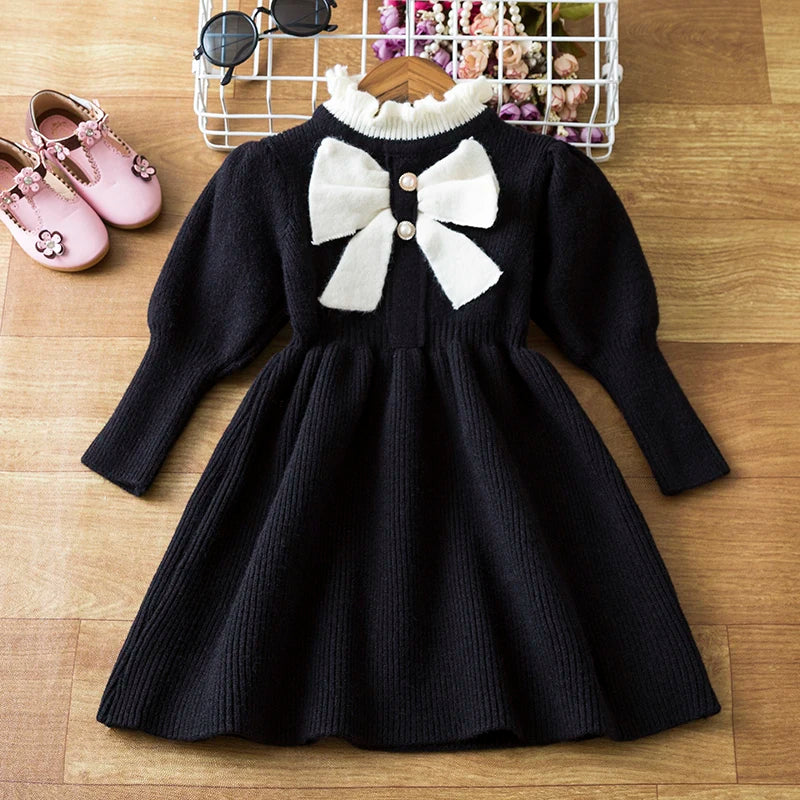 Little Girls Bow-Decorated Woolen Dress for New Year childrensterritory
