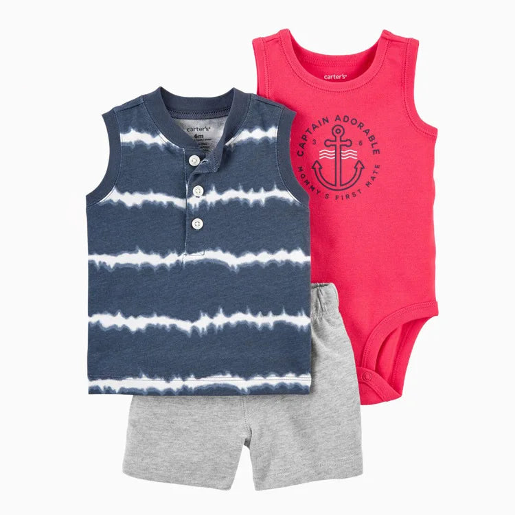 Baby Boys Cotton 3-Piece Short Bodysuit Set for Summer