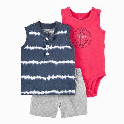 Baby Boys Cotton 3-Piece Short Bodysuit Set for Summer