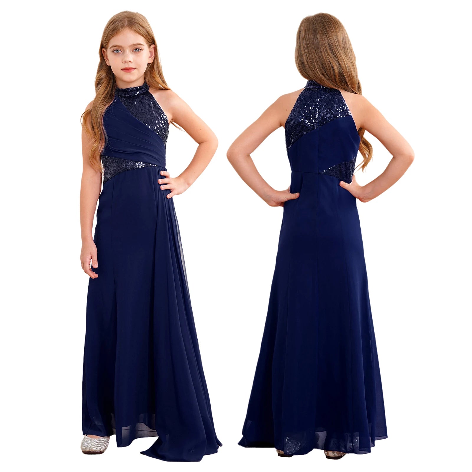 Kids Girls Sequins Pleat Overlay Pageant Evening Gowns
