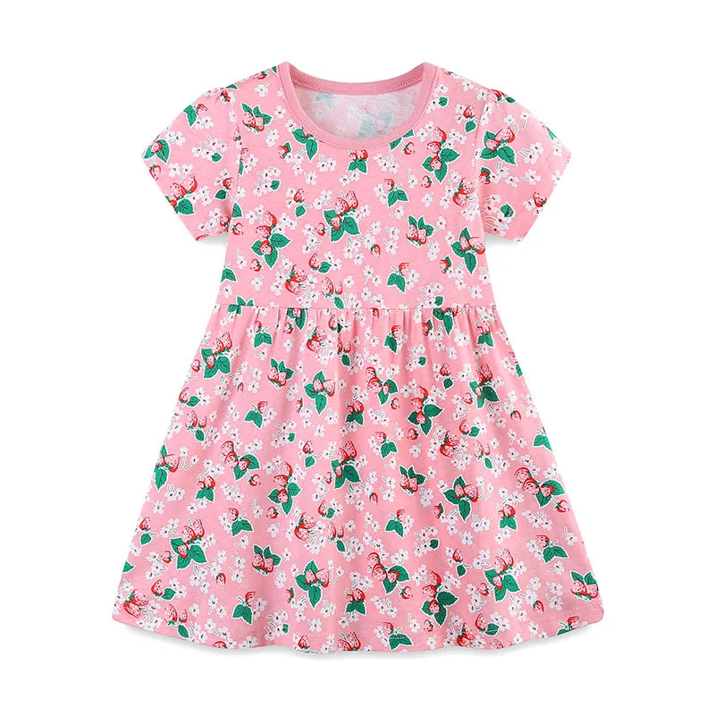 Kids Girls Strawberry Flowers Print Cotton Dress childrensterritory