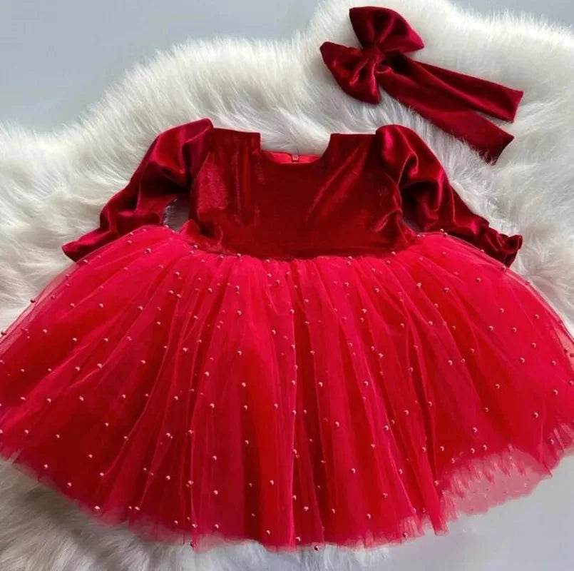 Little Girls Long Sleeve Bow-Decorated Velvet Tutu Party Dresses