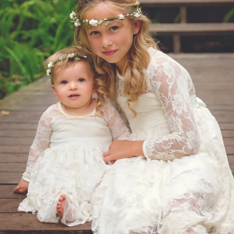 Kids Girl White Beige Long Sleeve Bridesmaid Dresses for Summer