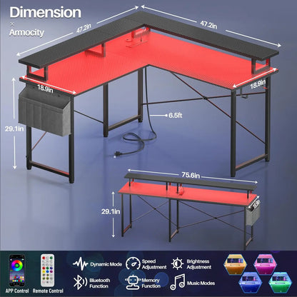 Corner Gaming Desk With LED Lights and Storage Shelves childrensterritory