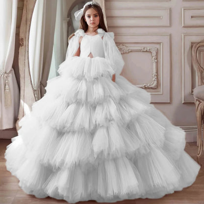 Kids Girls Tiered Tulle Bow Shoulder Design Dresses For Birthday/Prom childrensterritory