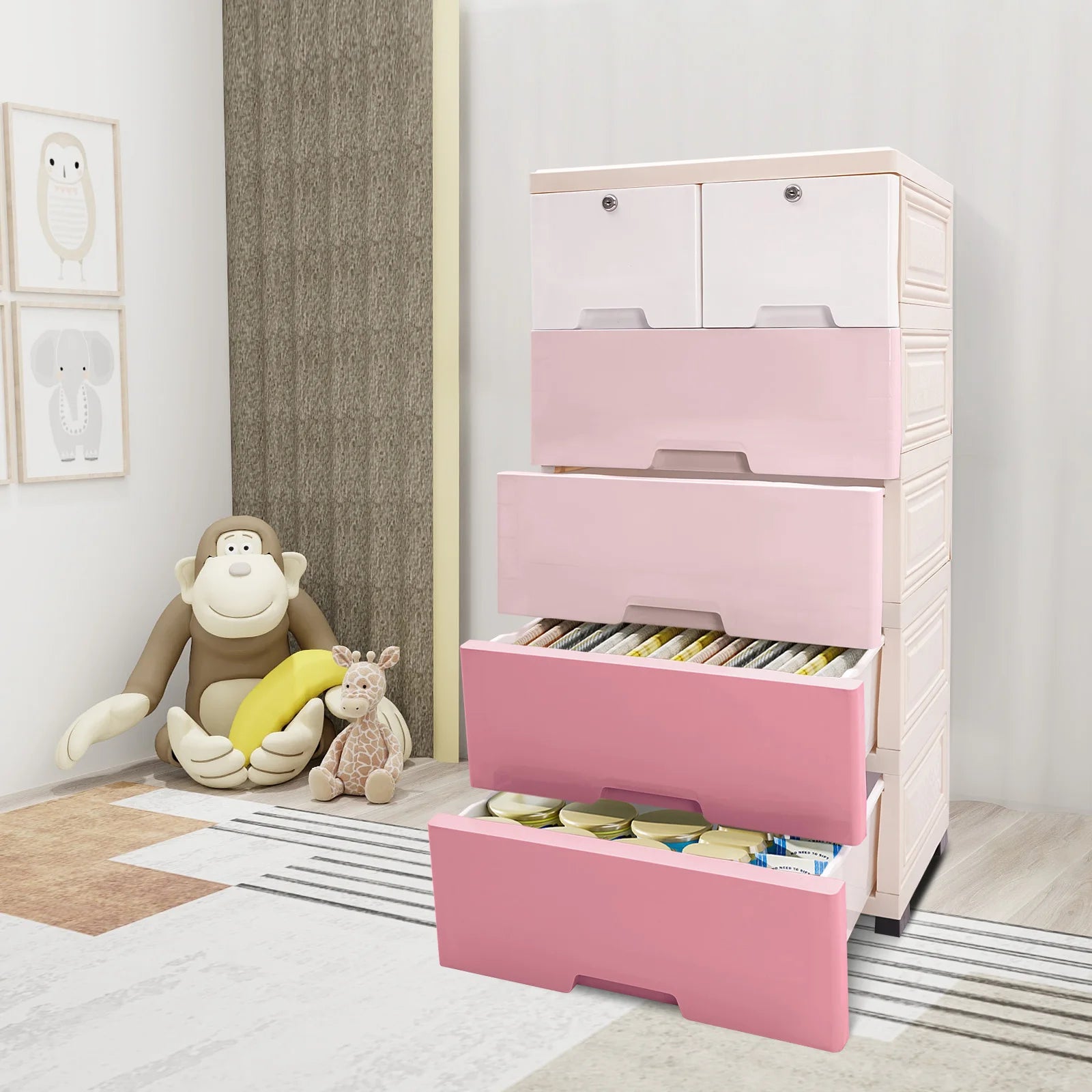 Modern Gradient Pink Design Plastic Storage Cabinet W/ 6 Drawers