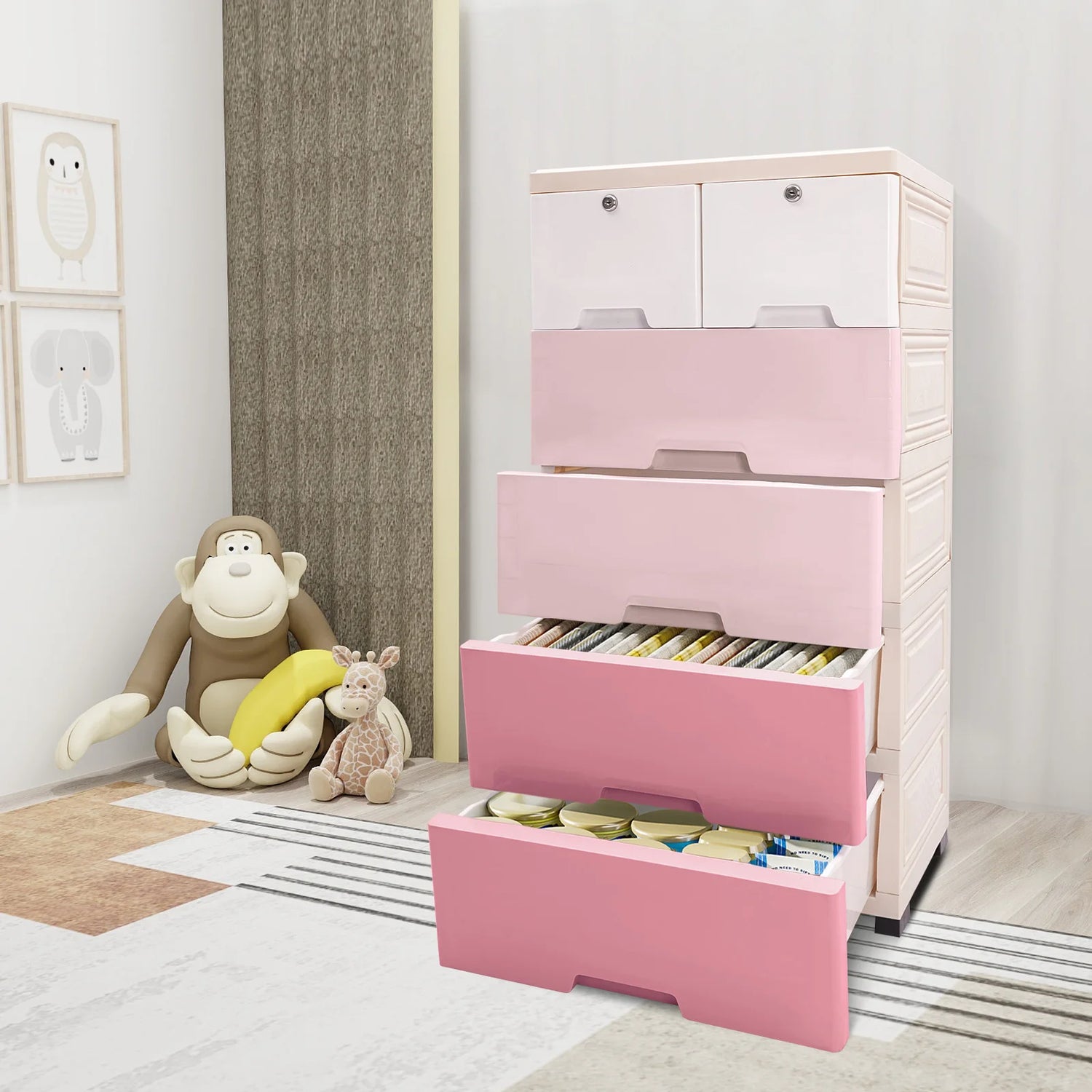 Modern Gradient Pink Design Plastic Storage Cabinet W/ 6 Drawers childrensterritory