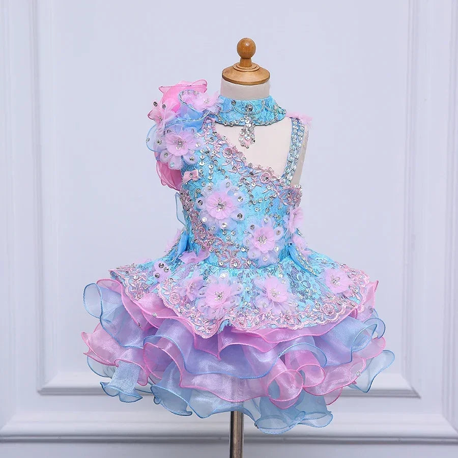 Kids Girls Beading Stones Ruffles Halter Party Dress