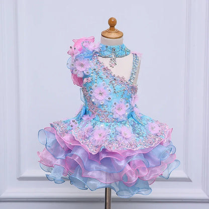 Kids Girls Beading Stones Ruffles Halter Party Dress
