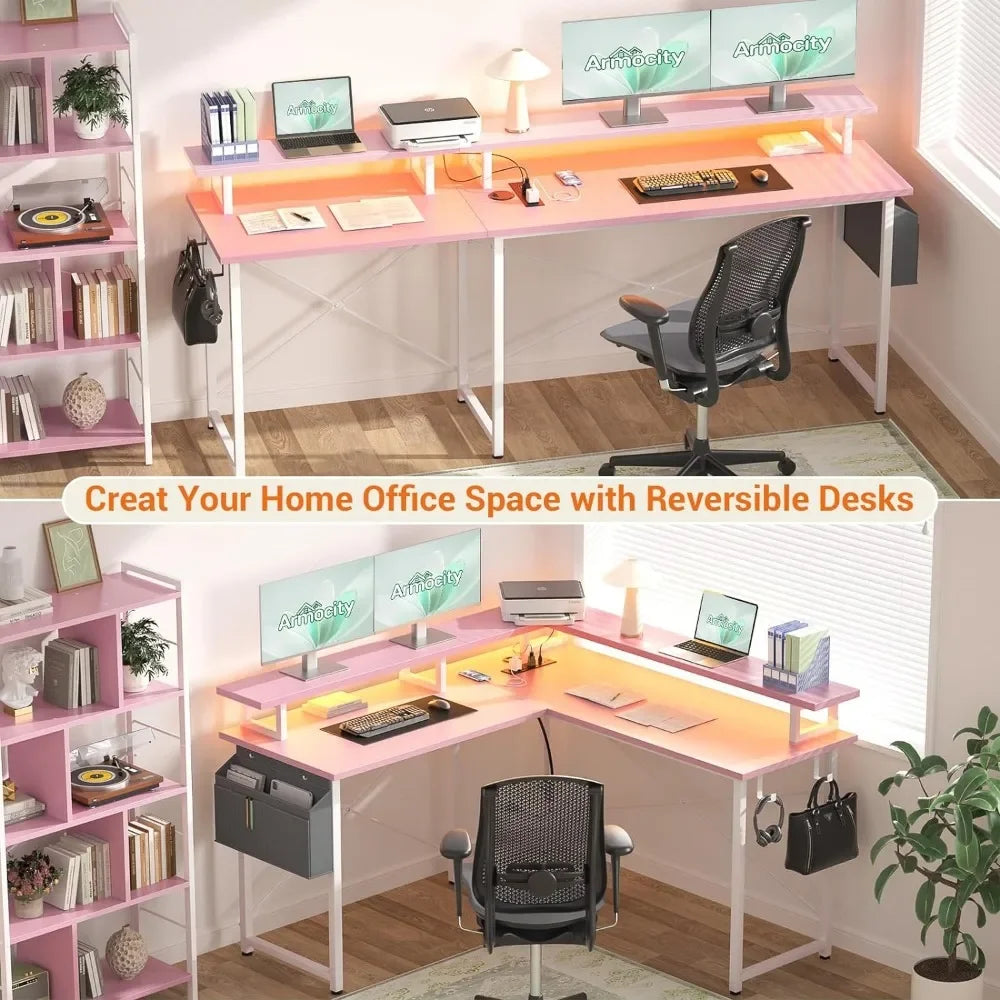 Corner Gaming Desk With LED Lights and Storage Shelves childrensterritory