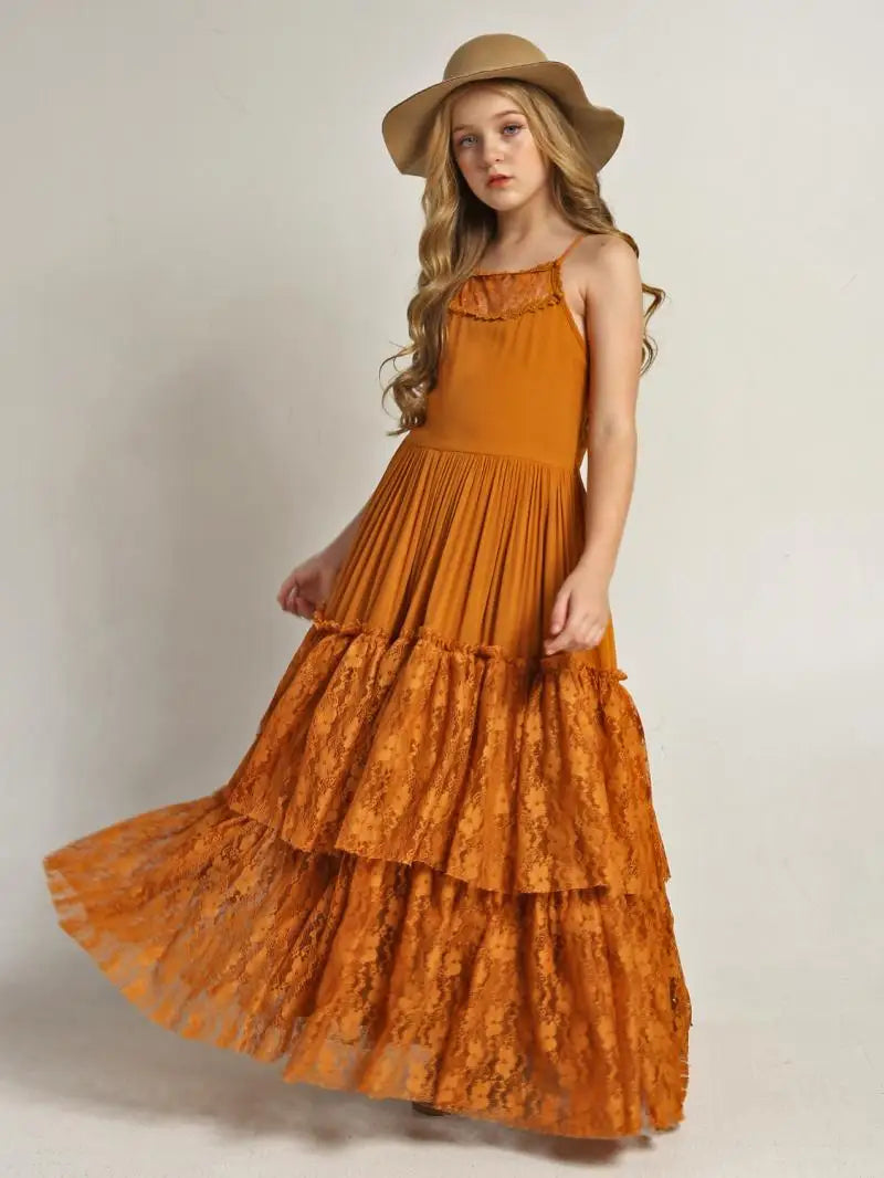Kids Girls Stylish Lace Design Cotton Bohemia Long Dresses childrensterritory