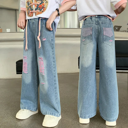 Casual Style Girls Big Hole Ripped Jeans for Spring Autumn childrensterritory
