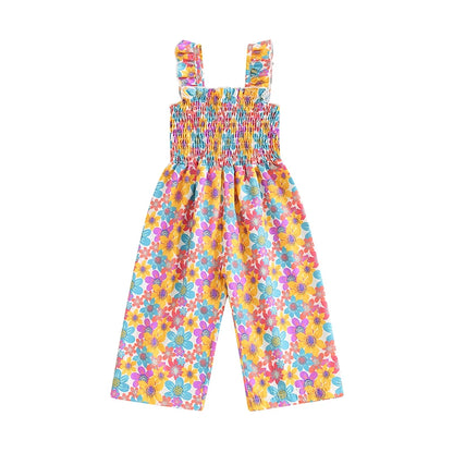 Little Girls Lovely Floral Print Wide Leg Summer Jumpsuit childrensterritory