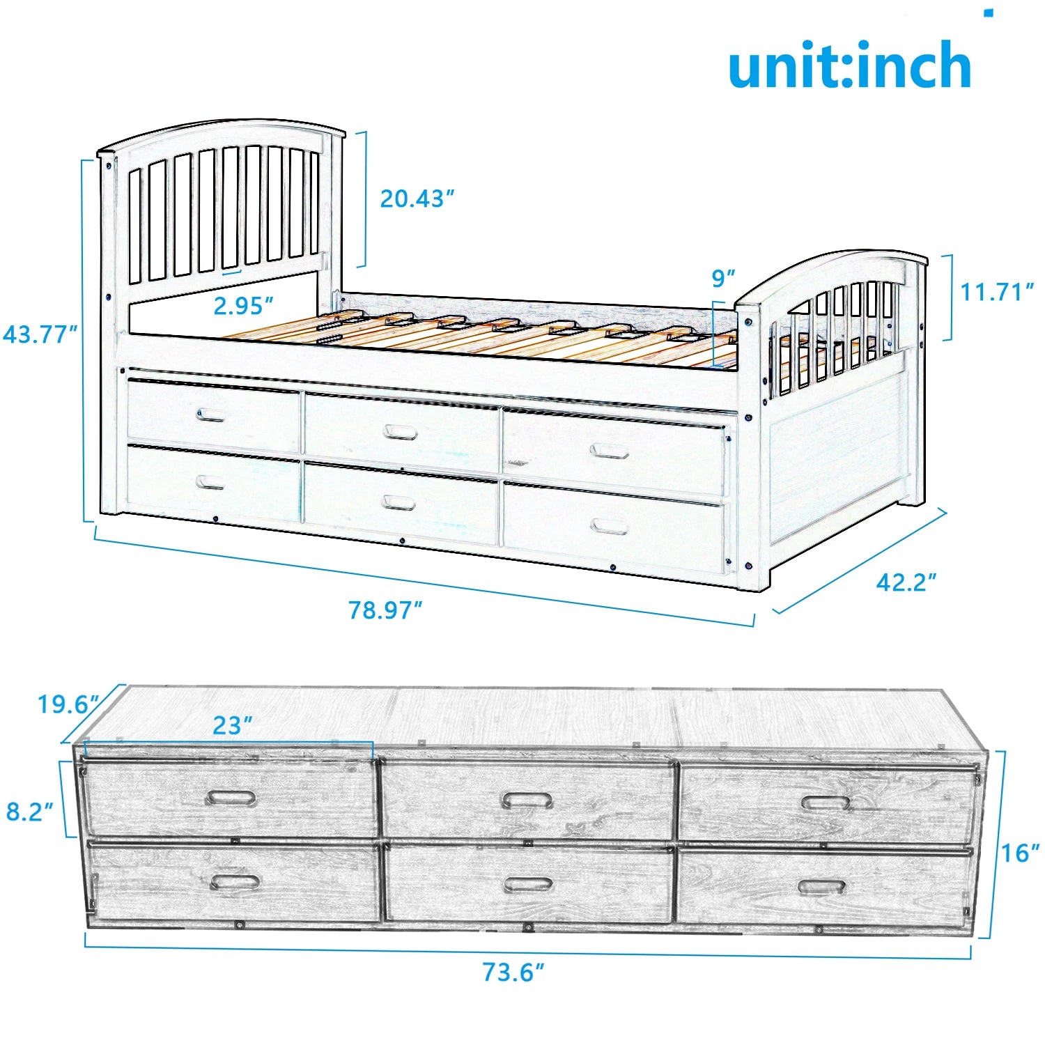 A Twin-Sized Wooden Platform Bed with Six Drawers for Storage childrensterritory