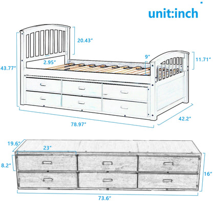 A Twin-Sized Wooden Platform Bed with Six Drawers for Storage childrensterritory