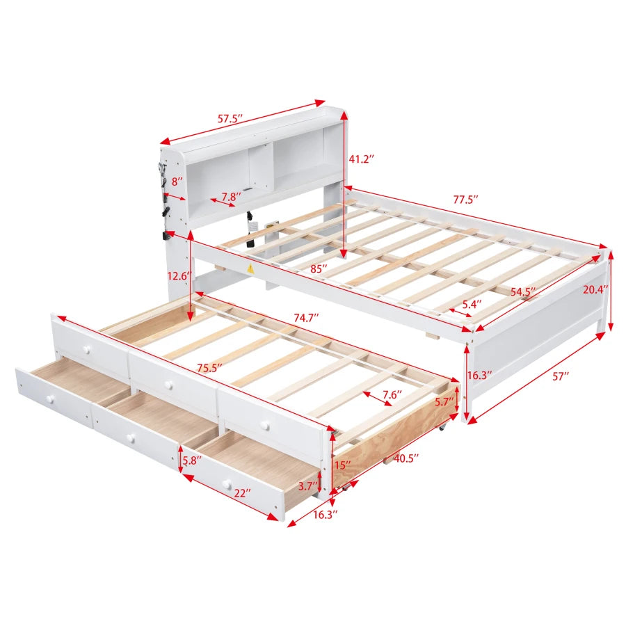 Full-size LED Bed with USB, Trundle and 3 Storage Drawers childrensterritory