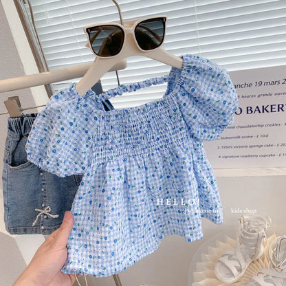 Korean Style Square Collar Little Girls Floral Pleated Tops childrensterritory