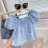 Korean Style Square Collar Little Girls Floral Pleated Tops childrensterritory