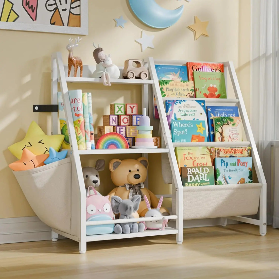 Kids 3-Tier Book Sling Shelf and Toy Storage Organizer