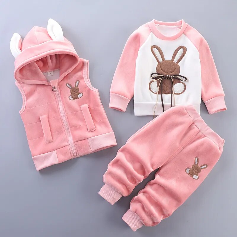 Baby Fleece Cartoon Bear Design, 3 Pieces Warm Clothing Set childrensterritory