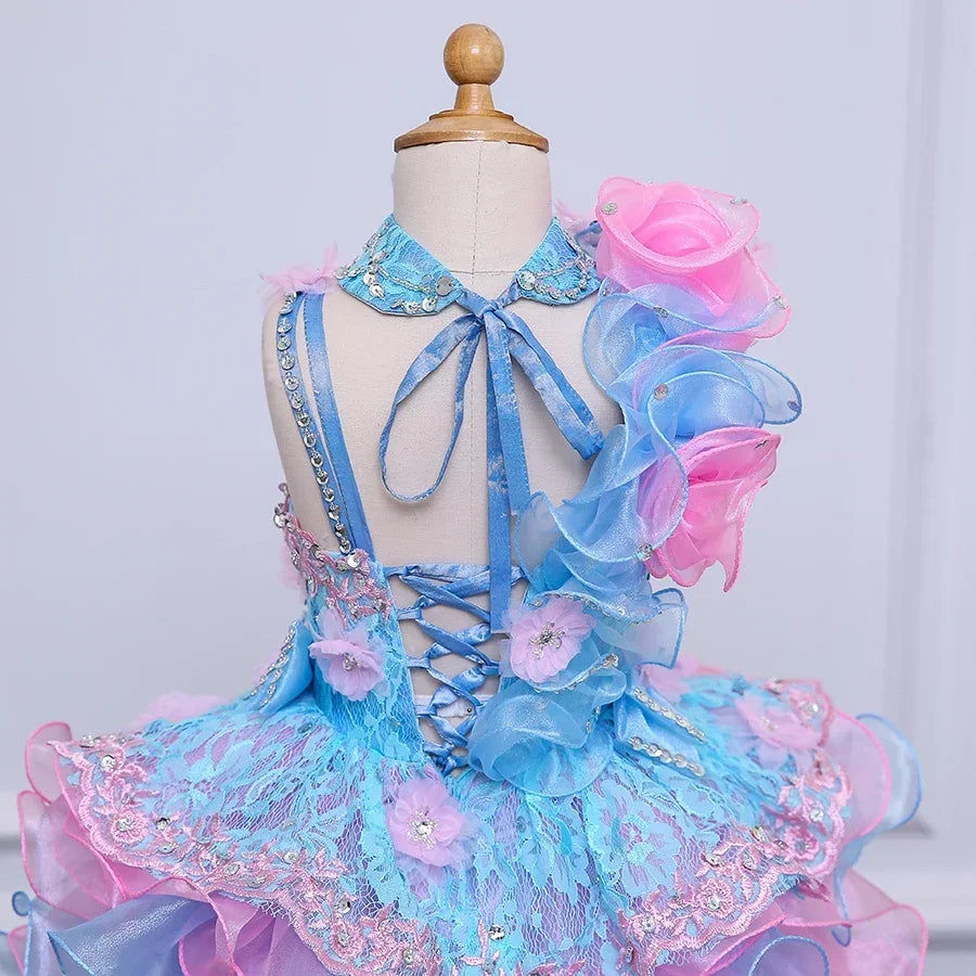 Kids Girls Beading Stones Ruffles Halter Party Dress