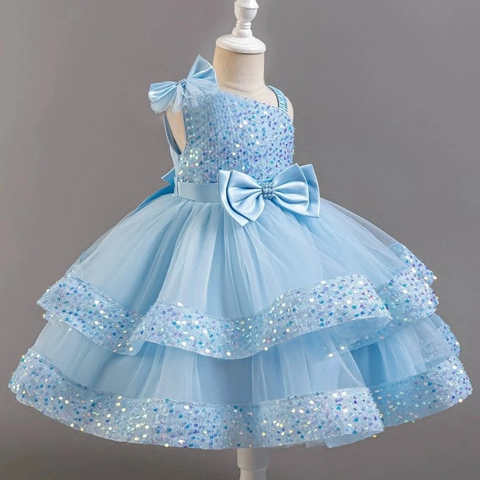 Kids Girls Sequins and Bow Design Birthday Party Flower Dresses
