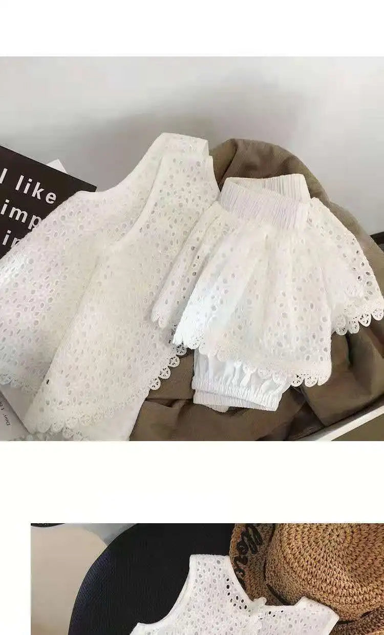 Little Girls Hollow Lace Design Summer Clothing Sets childrensterritory